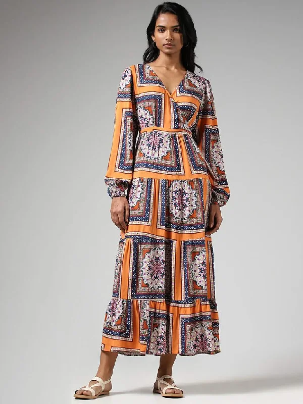 LOV Orange Multicolor Printed Tiered Dress