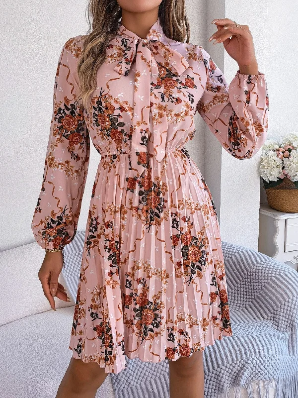 Pleated Printed Tie Neck Long Sleeve Dress