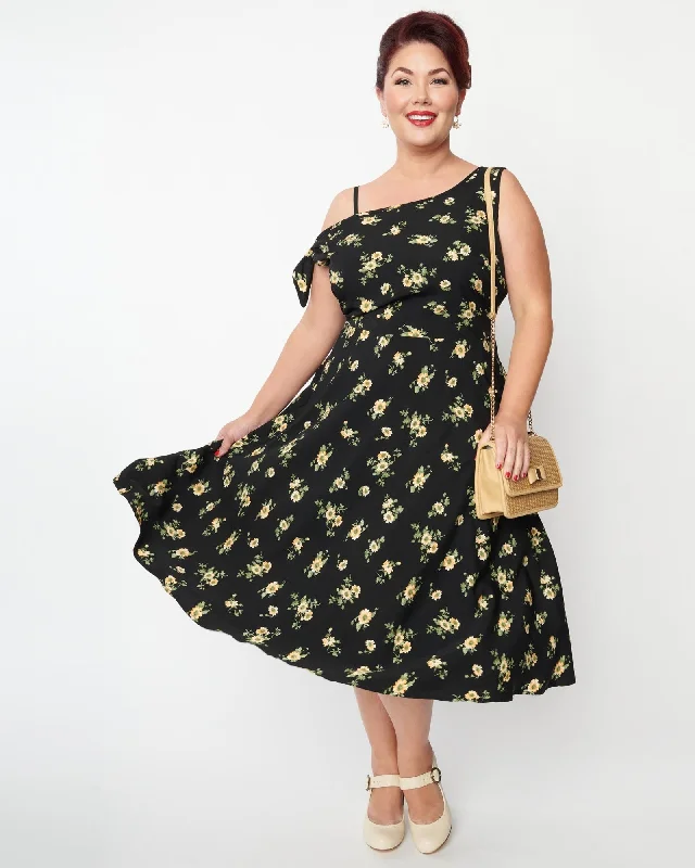 Unique Vintage Plus Size Black & Yellow Floral Bow Tie Swing Dress | Black & Yellow Floral