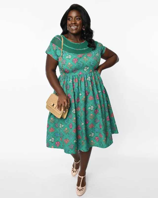 Unique Vintage Plus Size Green Floral Argyle Flare Dress | Green Floral Argyle