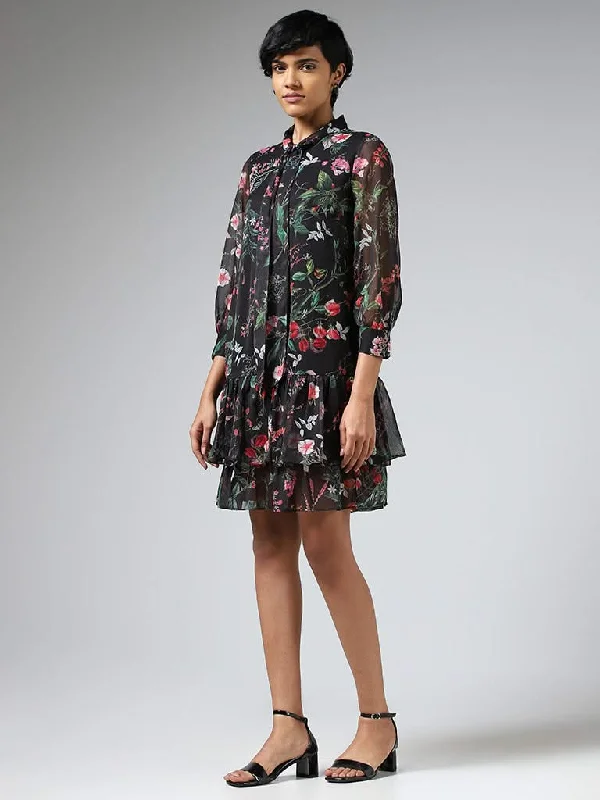 Wardrobe Black Floral Printed Layered Dress