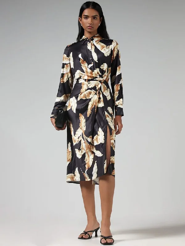 Wardrobe Black Leaf Printed Ruched Dress