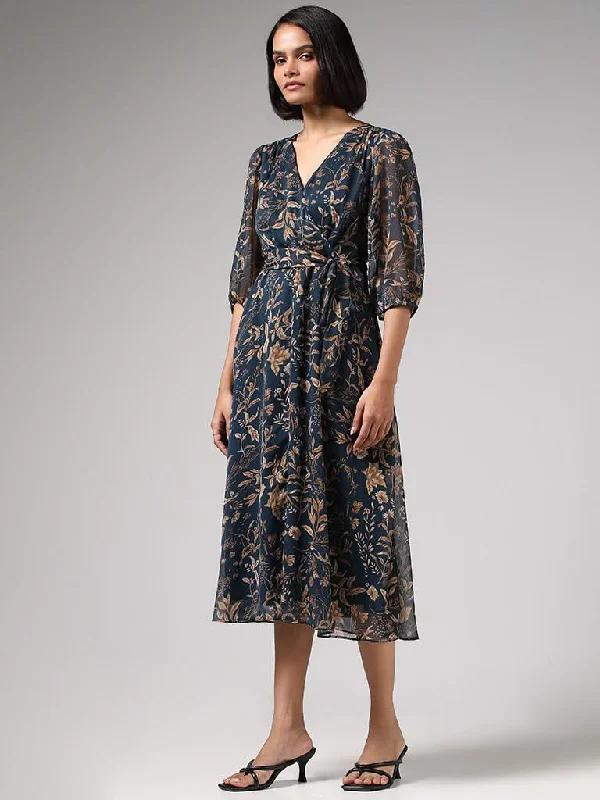 Wardrobe Floral Printed Fit & Flare Blue Dress With Belt