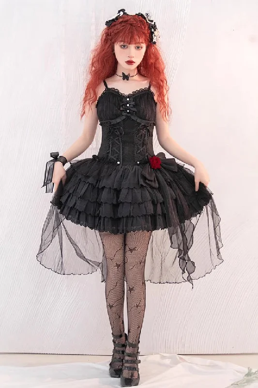 Black High Waisted Multi-layer Rose Bowknot Lace-Up Gothic Lolita Jsk Dress