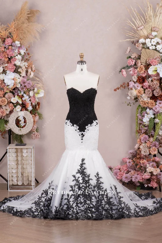 Black White Strapless Lace Mermaid Wedding Dress