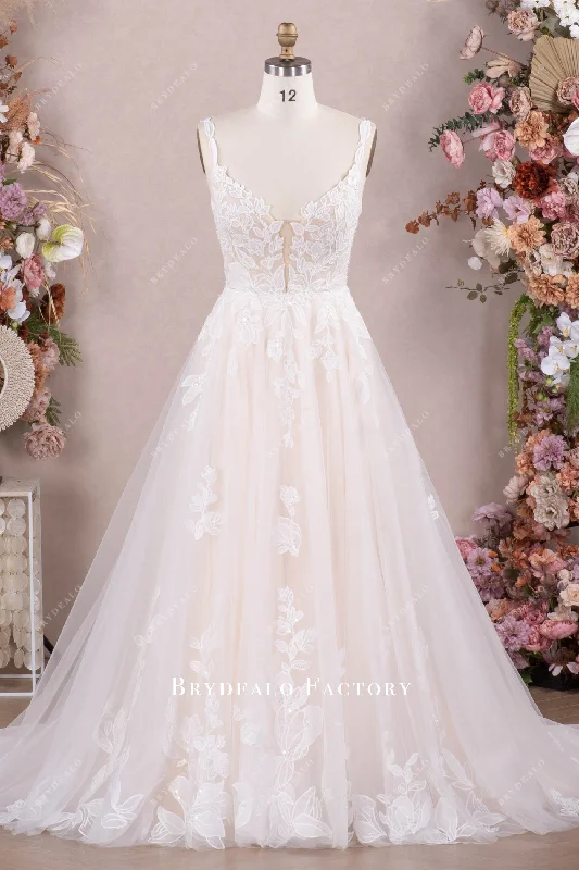 Champagne Lace Straps Shimmery Tulle Aline Wedding Gown