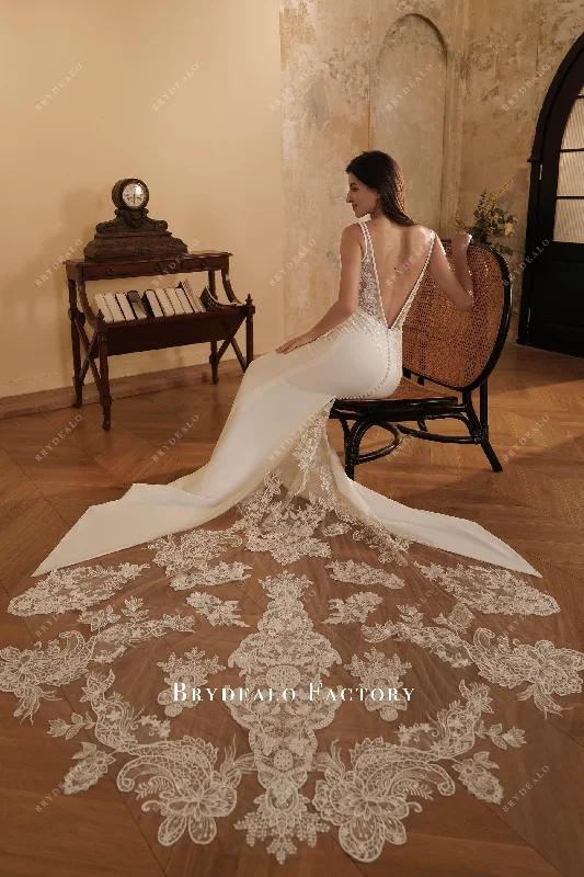 Elegant Beaded Lace Crepe Godet Mermaid Wedding Dress