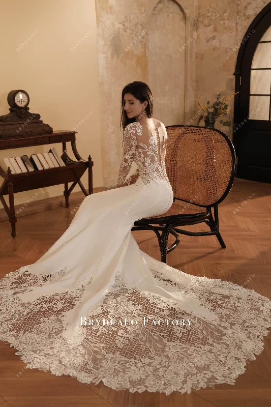 Elegant Long Cutout Lace Train Crepe Mermaid Wedding Dress