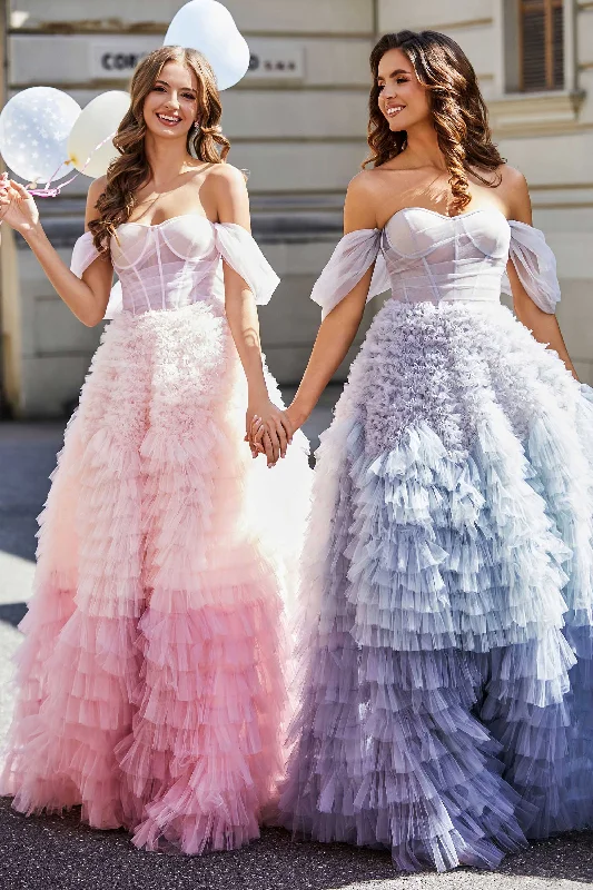 Lace Up Back Ruffle Tiered Tulle Gown