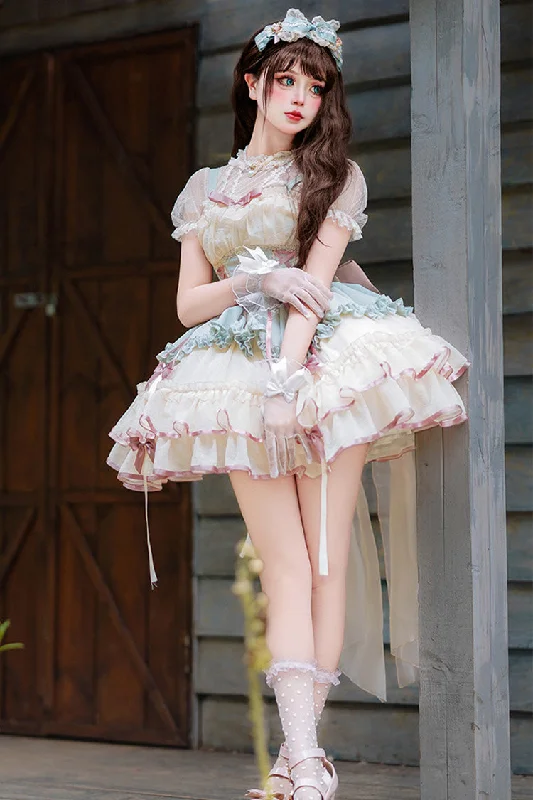 Light Green/Ivory Dance of Time Triple-Layered Ballet Style Bowknot Lace-Up Sweet Lolita Jsk Dress