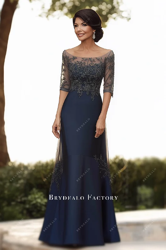 Navy Half Sleeve Beaded Lace Mother of Bride Gown