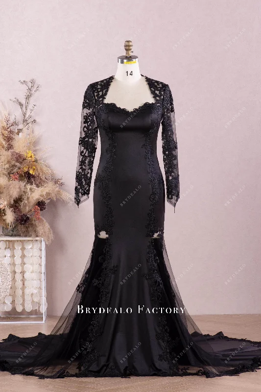 Black Queen Anne Neck Lace Sleeve Illusion Cutout Mermaid Wedding Dress