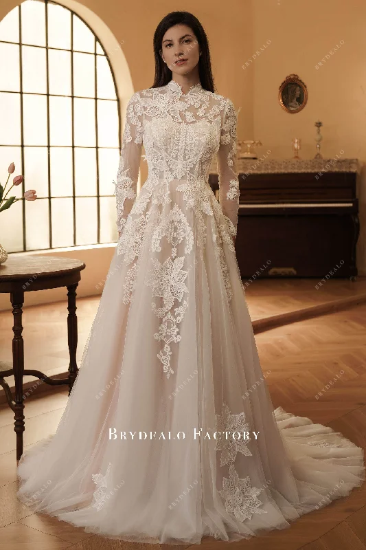 Retro Boho Lace Sleeved High Neck Wedding Dress