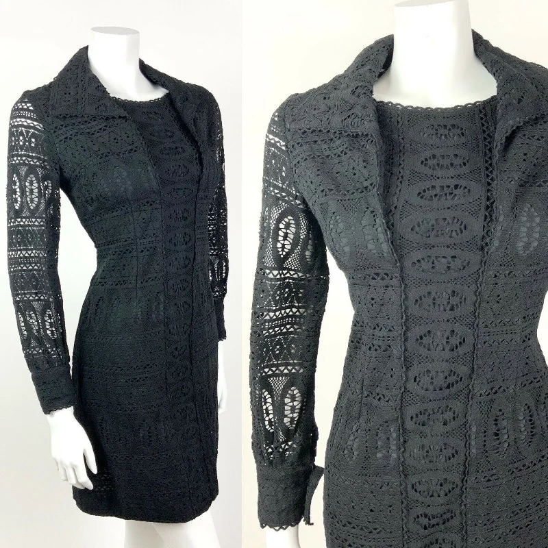 VINTAGE 60s 70s BLACK LACE CROCHET MOD COVEN GLAM WING COLLAR DRESS 10 12