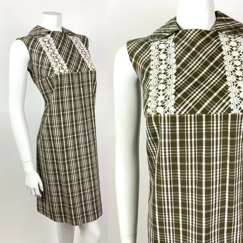 VINTAGE 60s 70s BROWN WHITE PLAID CHECKED LACE MOD SHIFT DRESS 12 14