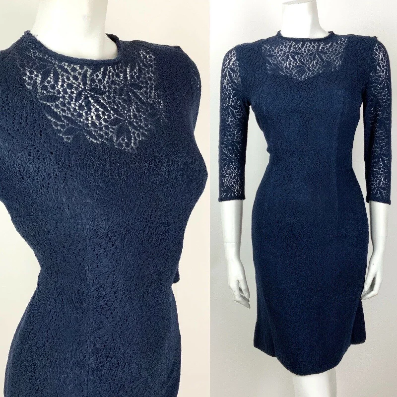 VINTAGE 60s 70s NAVY BLUE FLORAL LACE MOD PENCIL DRESS 12 14