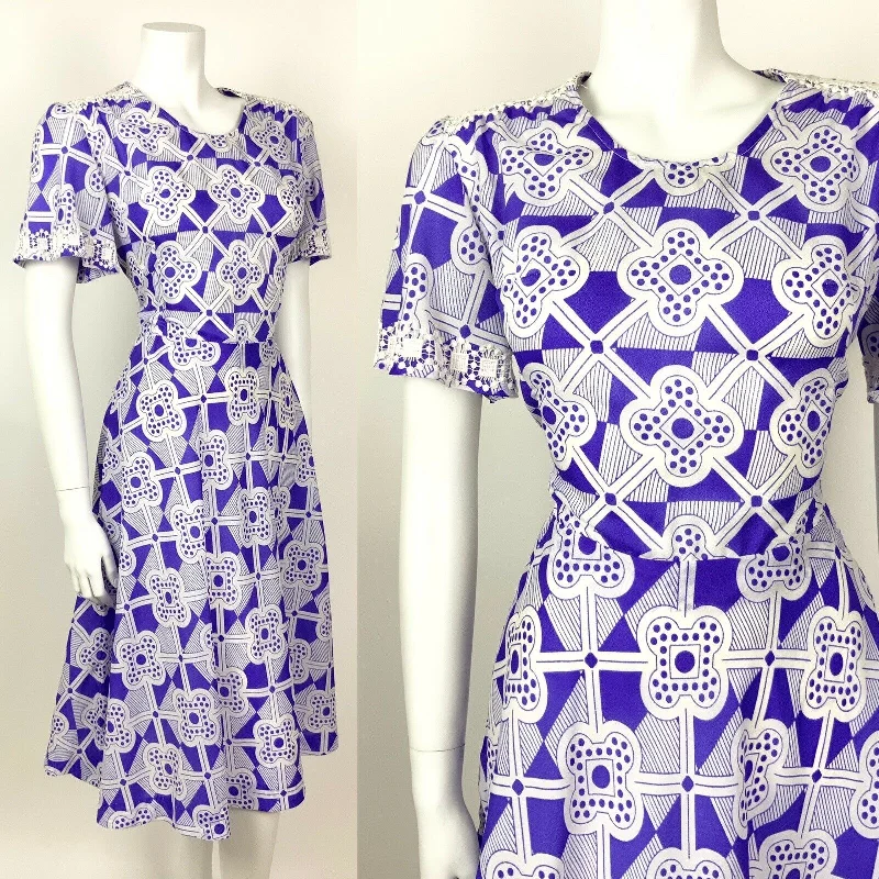 VINTAGE 60s 70s PURPLE WHITE LACE GEOMETRIC CHECKED MOD SWING DRESS 10 12