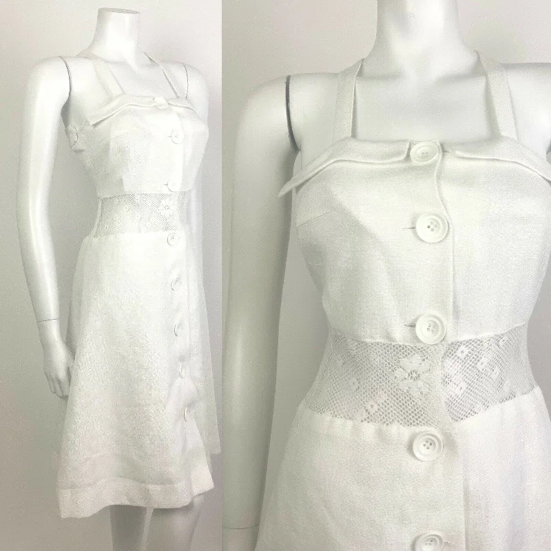 VINTAGE 60s 70s WHITE FLORAL LACE CROCHET STRAPPY PRAIRIE BOHO SUN DRESS 8