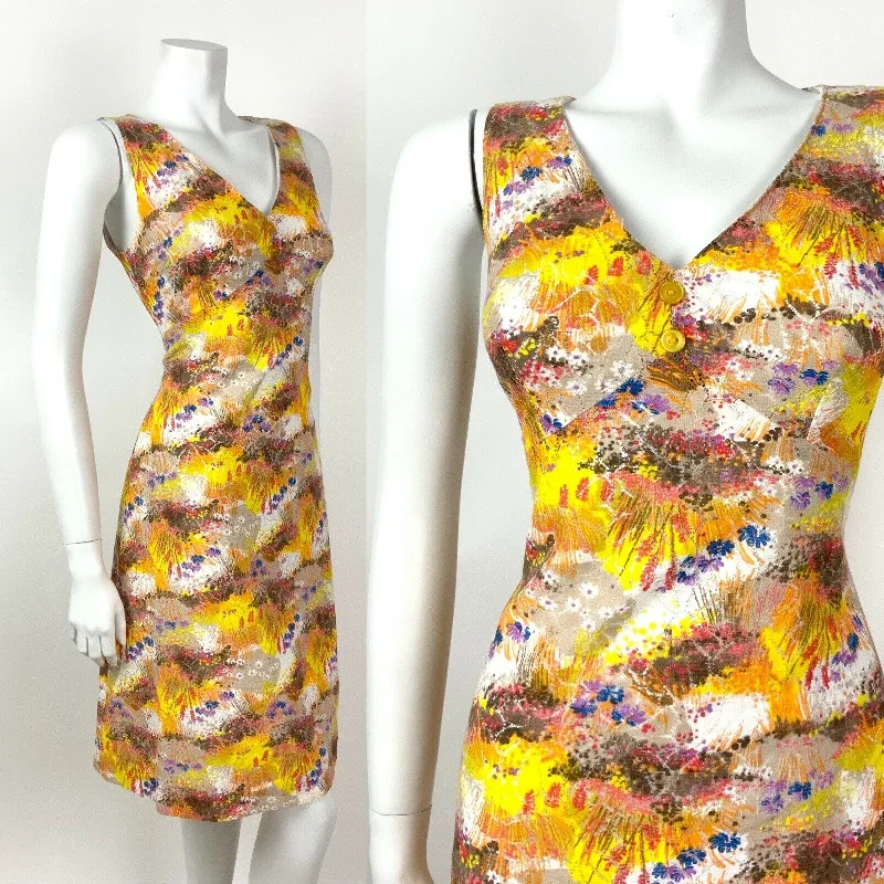 VINTAGE 60s 70s YELLOW BROWN ORANGE BLUE FLORAL PSYCHEDELIC LACE DRESS 10