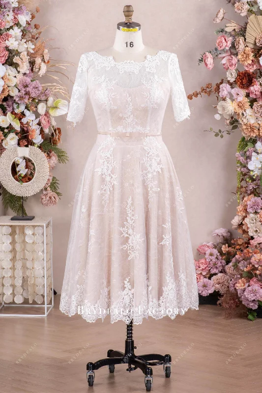 Vintage Sleeved Tea Length Lace Wedding Dress