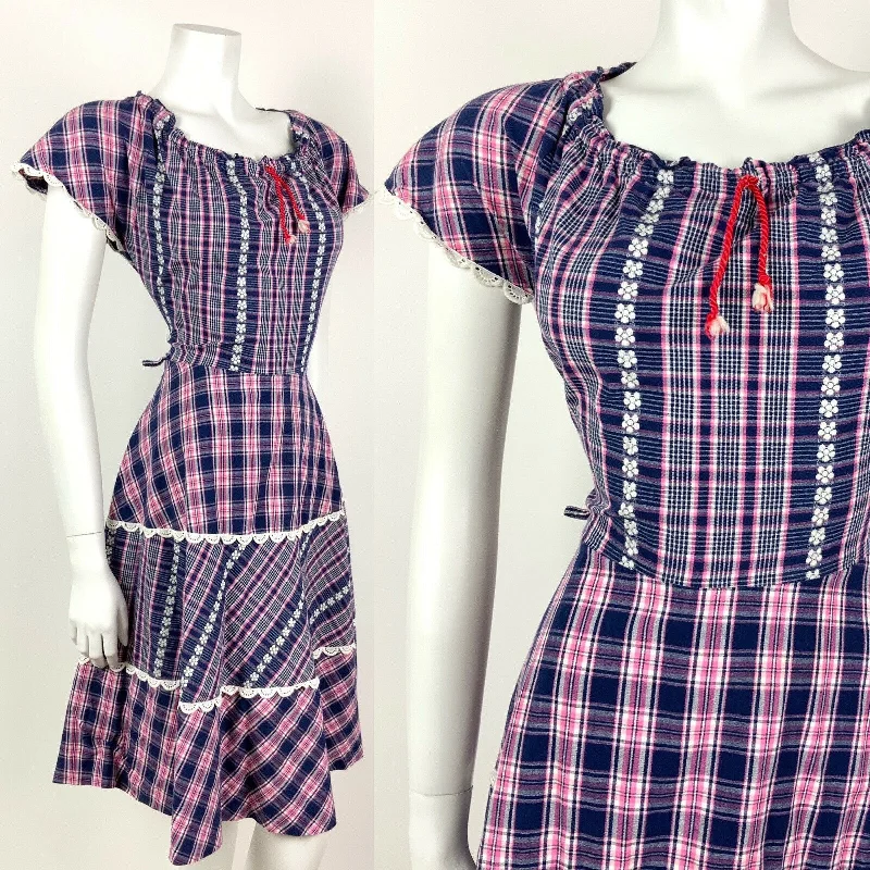 VTG 60s 70s BLUE PINK WHITE TARTAN PLAID FLORAL EMBROIDERED LACE PRAIRIE DRESS 8