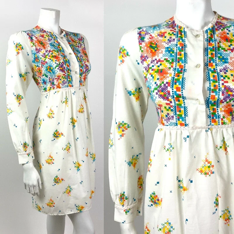 VTG 60s 70s WHITE GREEN BLUE ORANGE CROSS-STITCH PIXEL FLORAL LACE DRESS 10 12