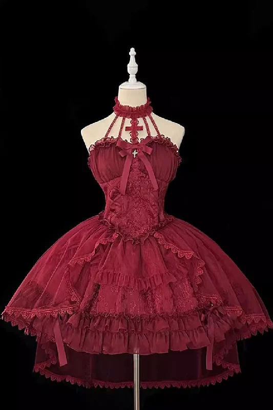 Wine Red Cross Halterneck Ruffle Bowknot Lace Lace-Up Princess Gothic Lolita Dress