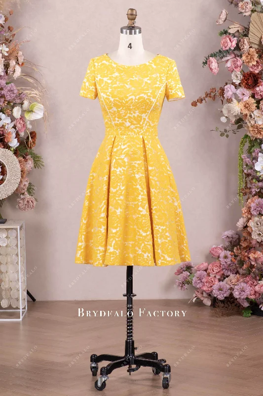 Yellow Lace Short Sleeve Mother Of Bride  Dress