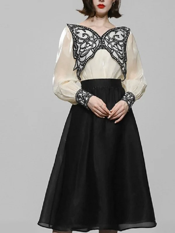 2PS White Butterfly Long Sleeve Top And Black Swing Skirt Suit