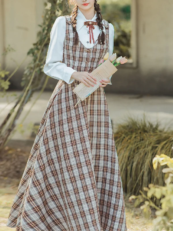 3PS White Long Sleeve Shirt With Brown Plaid Print Vest And Skirt Suits