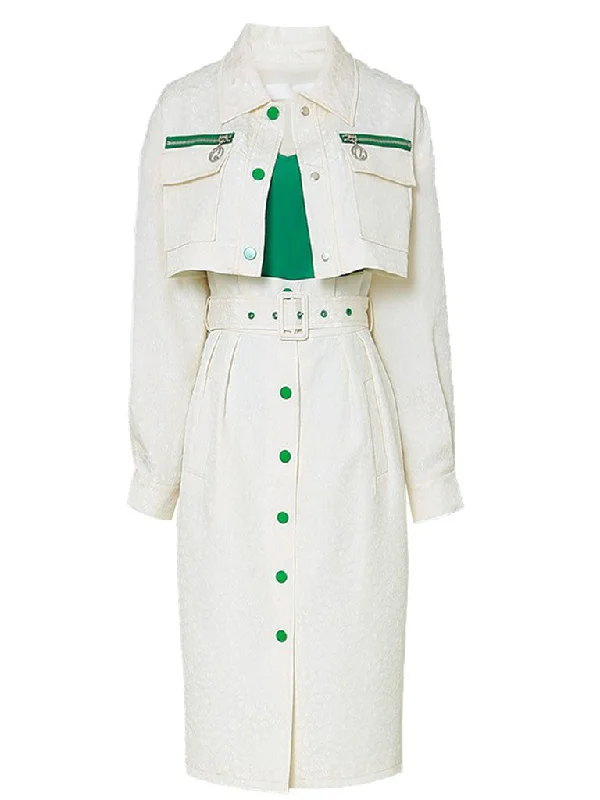 3PS White Turn-down Collar Long Sleeve Coat With White Skirt Suits