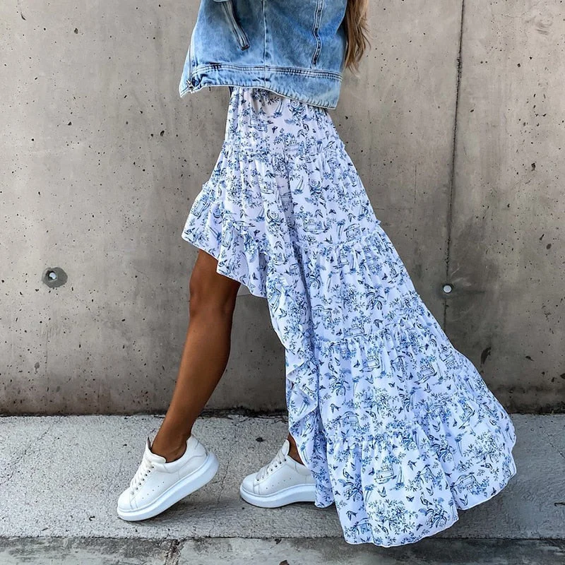 Bohemian Asymmetrical Women Long Skirt Summer Beach Style Floral Printed High Waist Casual Skirt Ins  Skirt 2023