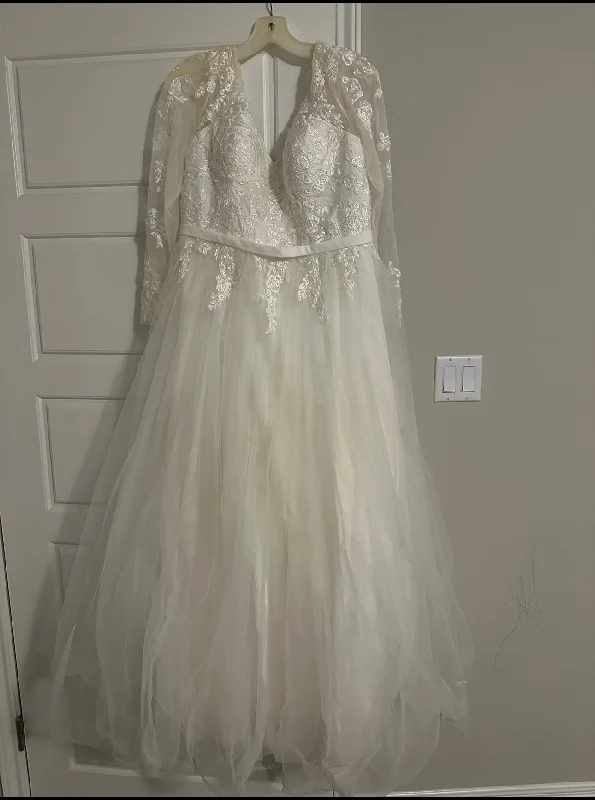 David's Bridal Lace and beaded long sleeve v neck wedding gown with beading