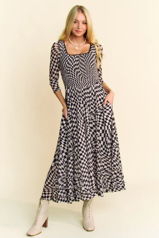 Davi and Dani Printed Checker Mesh Flowy Skirt Maxi Dress