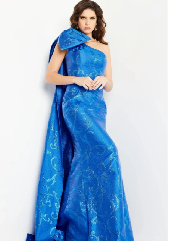 Jovani 23742 One shoulder bow long formal Royal blue