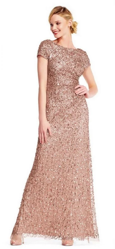 Adrianna Papell   Cowl Back Beaded Long Gown (rose gold) 4Petite