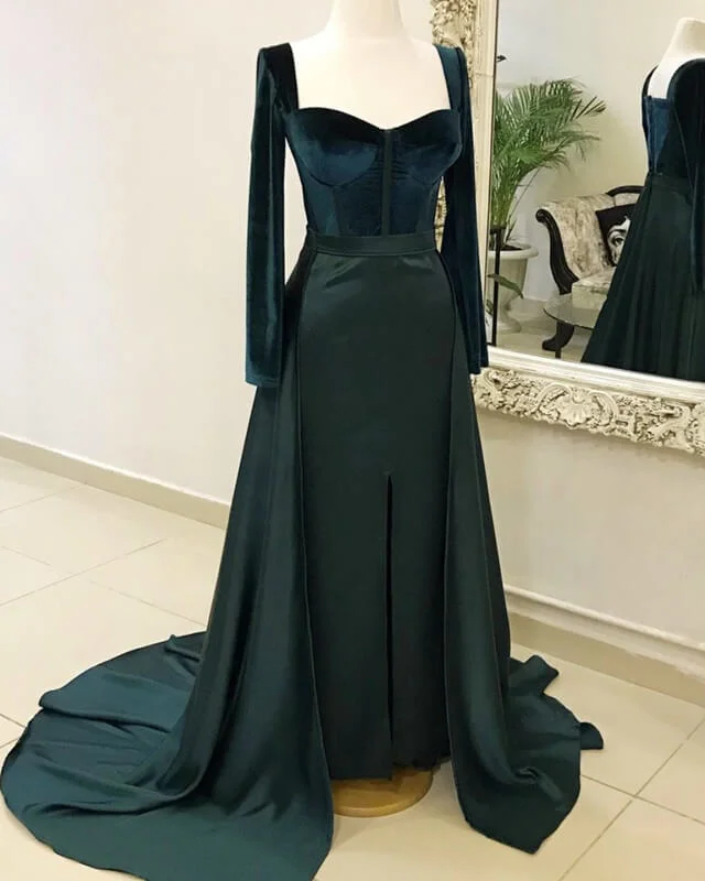 Velvet Long Sleeve Satin Split Gown