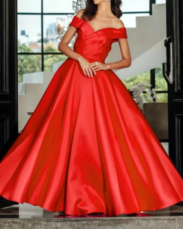 Long Red Off Shoulder Satin Gown