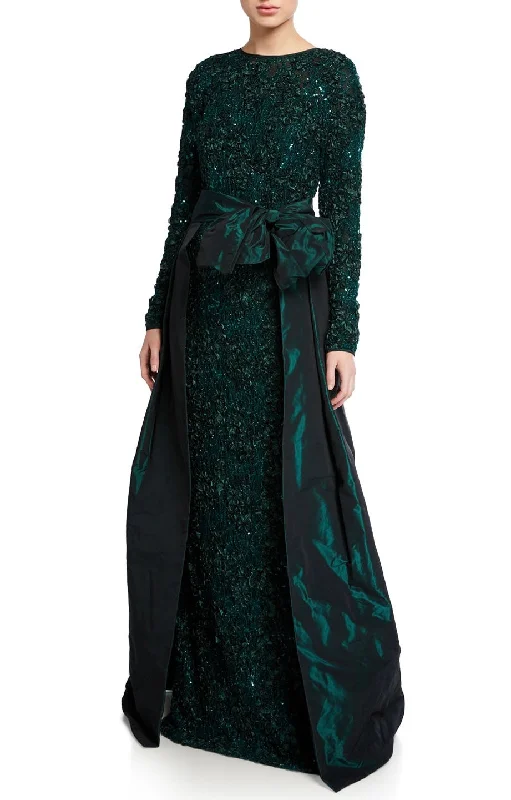 Teri Jon Emerald Green Long-Sleeve Soutache Lace Taffeta Over-Skirt Gown