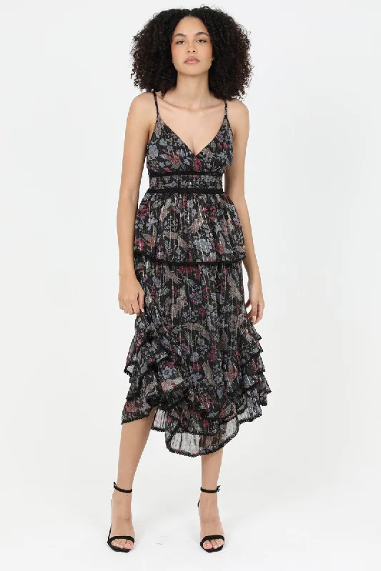 SALE V-neck Ruffle Skirt Lurex Chiffon Lined Maxi Dress