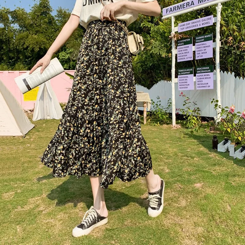 Women 2023 Summer Vintage Floral Printed Chiffon A-Line Skirt Female Elastic High Waist Casual Maxi Skirts Jupe Femme N01