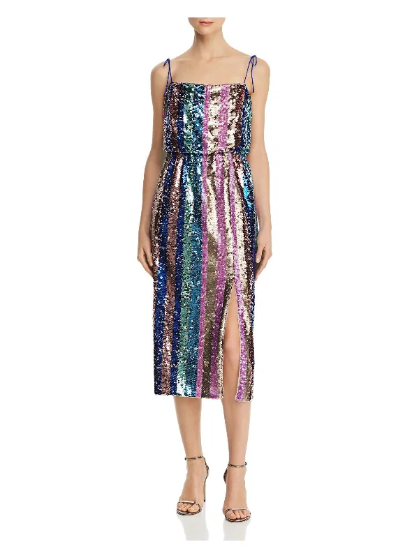 AIDAN MATTOX Womens Blue Sequined Color Block Spaghetti Strap Square Neck Below The Knee Cocktail Fit + Flare Dress