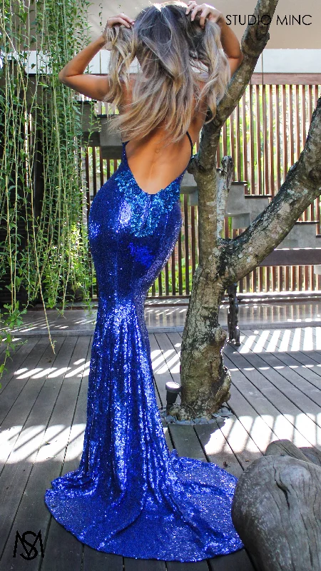 Angel - Cobalt Blue Formal Dress, Sequin V Neckline Backless embellished Fitted Mermaid