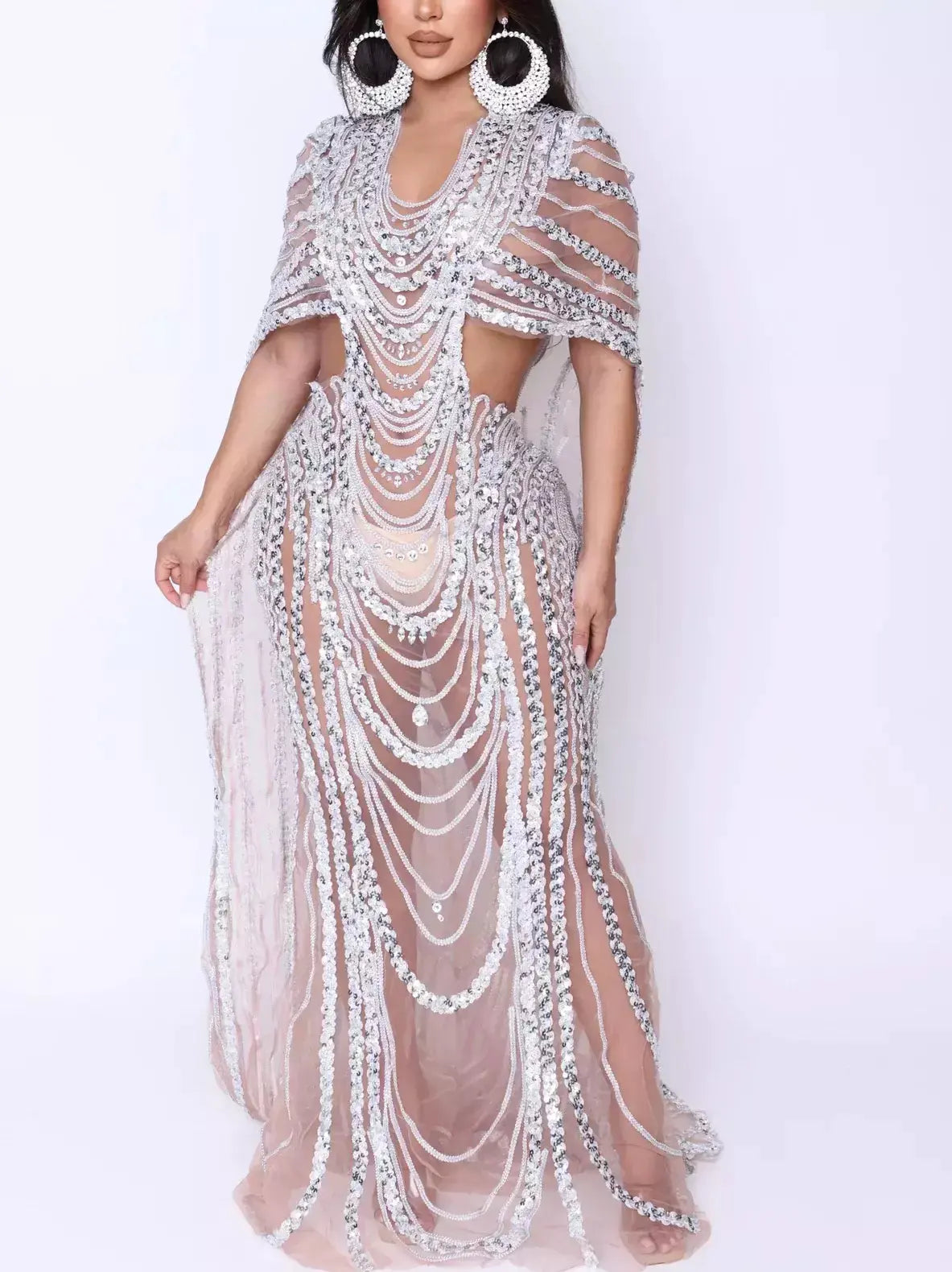 Cut-Out Sequin-Embellished Sheer Mesh Cape Gown in Silver