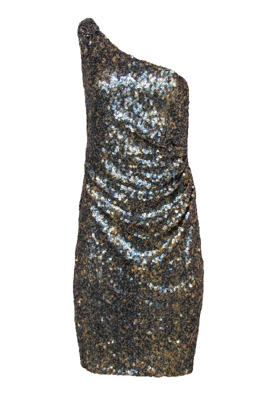 David Meister - Gold & Blue Sequin One Shoulder Dress Sz 8