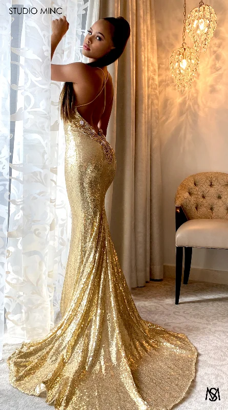 ANGEL - Gold Sequin Backless Formal Dress with Hand Sewn Beading