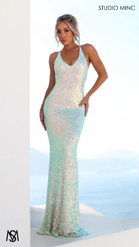 Mermaid Goddess - Frozen Blue Formal Dress, Sequin V Neckline Backless Fitted