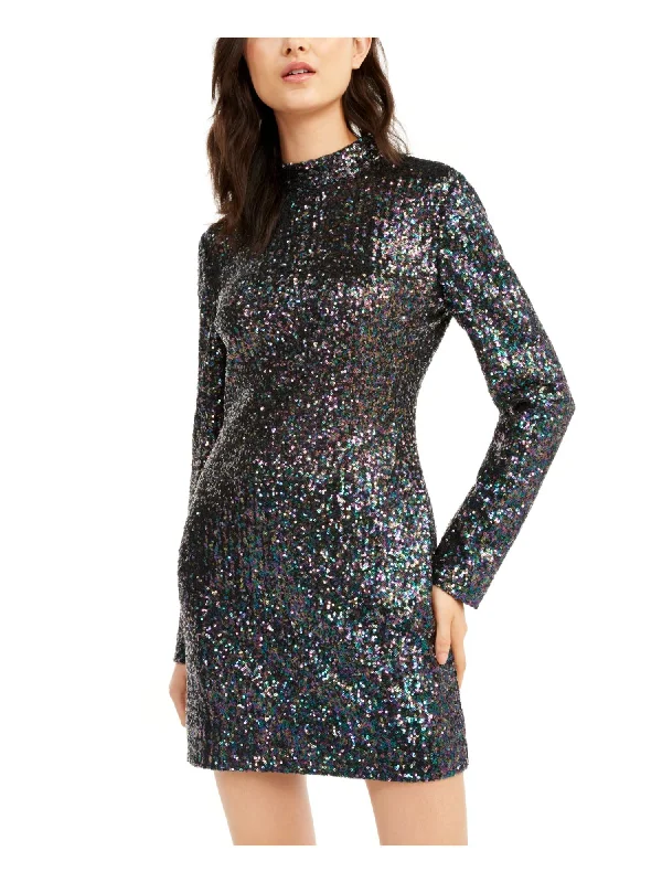 RACHEL ZOE Womens Black Sequined Long Sleeve Mandarin Collar Short Party Body Con Dress