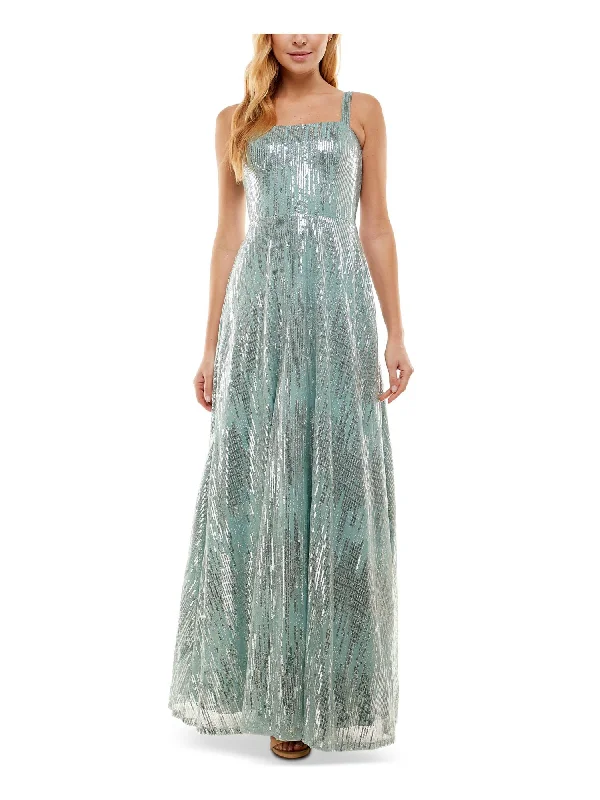 SAY YES TO THE PROM Womens Turquoise Sequined Zippered Lined Sleeveless Square Neck Full-Length Formal Gown Dress