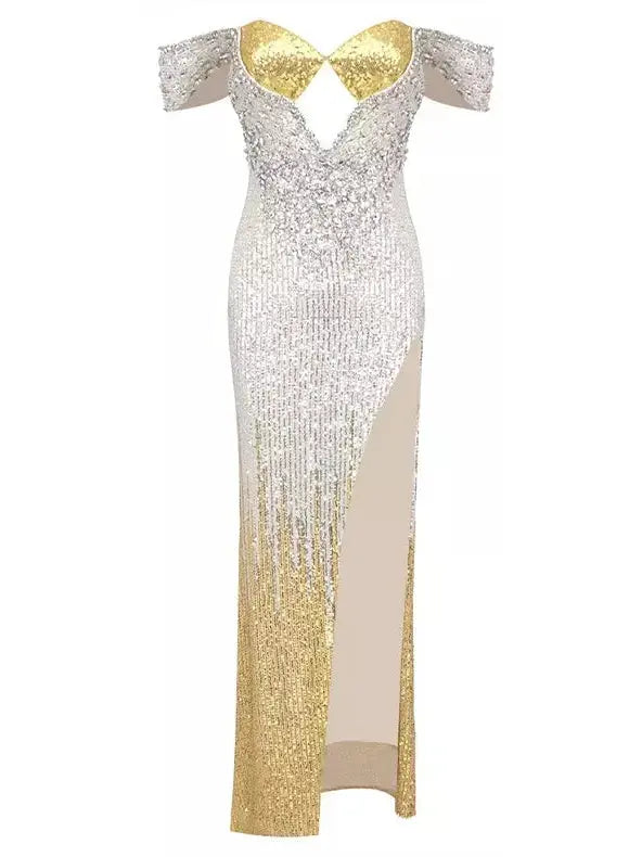 Sequin-Embellished Bardot Bralette Gown in Silver and Gold